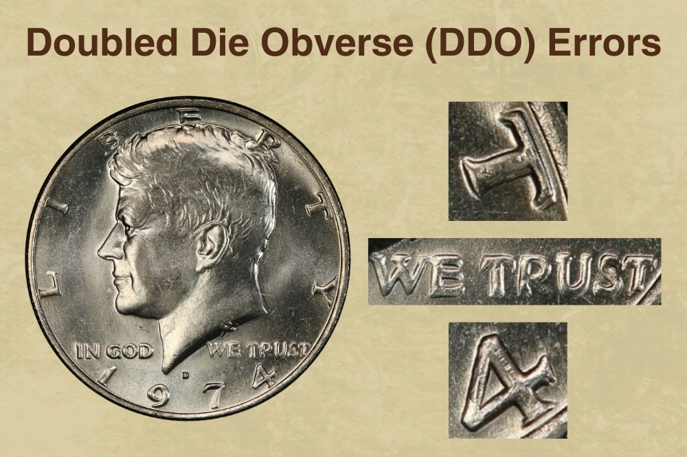 1990 Kennedy Half Dollar doubled die obverse error showing doubling on LIBERTY inscription and portrait details