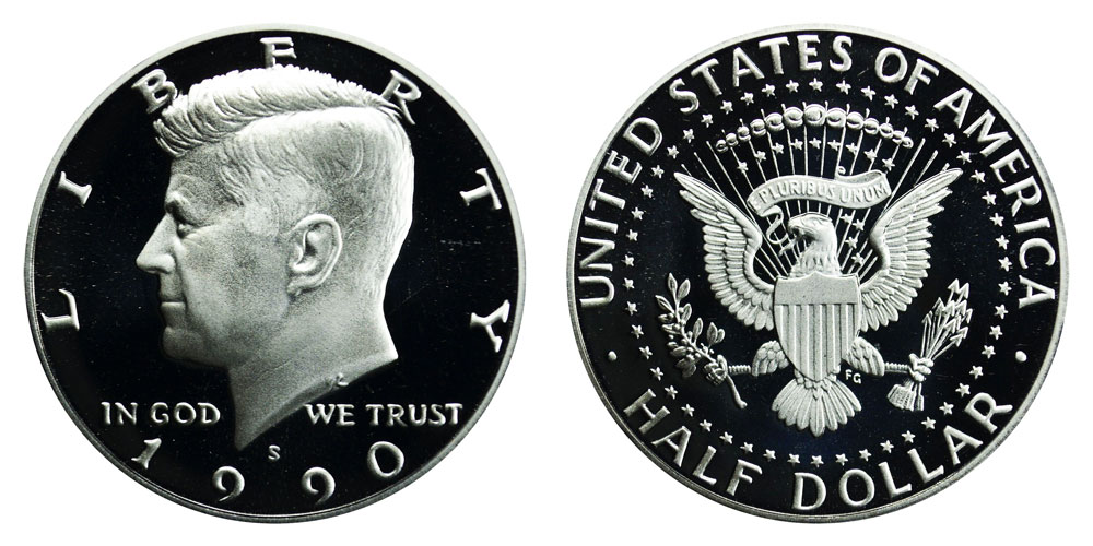 1990 Kennedy Half Dollar grading strip showing four condition tiers from worn to gem uncirculated